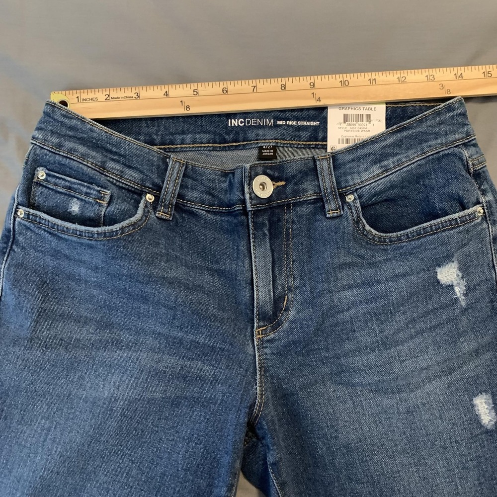 INC International Concepts Jeans‎ Womens 4/27 Blue Mid Rise Straight Distressed - Picture 5 of 12